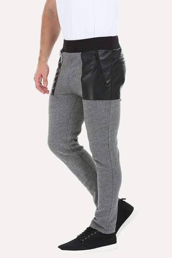 Heather Knit Sweatpants With Faux Leather Patch