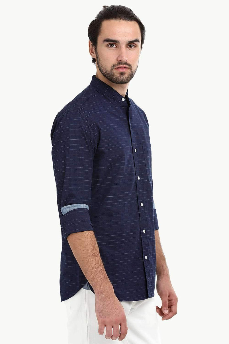 Men's Slub Navy Mandarin Shirt