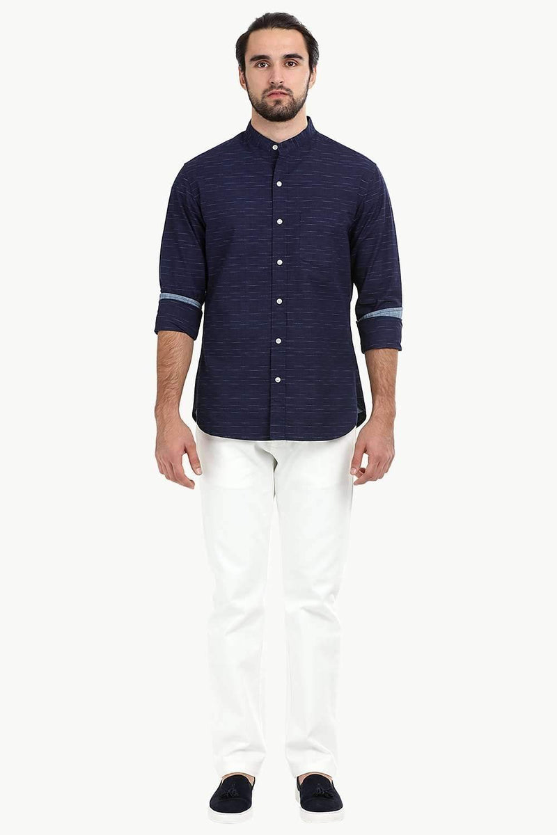 Men's Slub Navy Mandarin Shirt