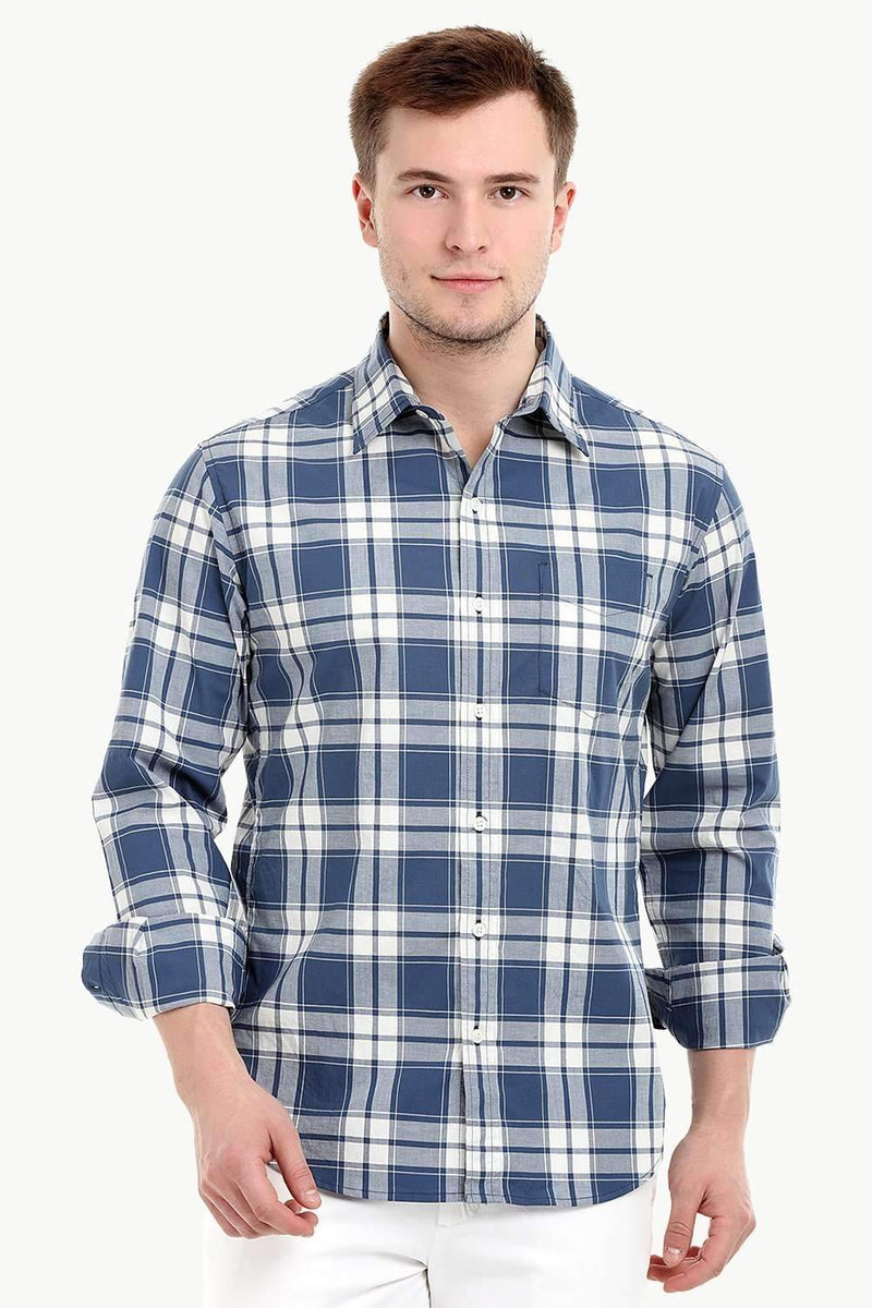 Men's Long Sleeve Windowpane Navy Check Shirt
