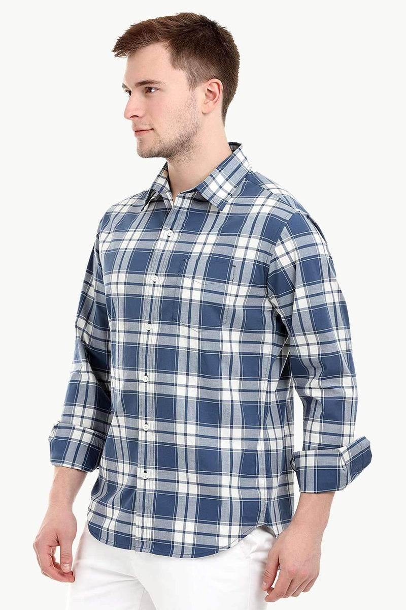 Men's Long Sleeve Windowpane Navy Check Shirt