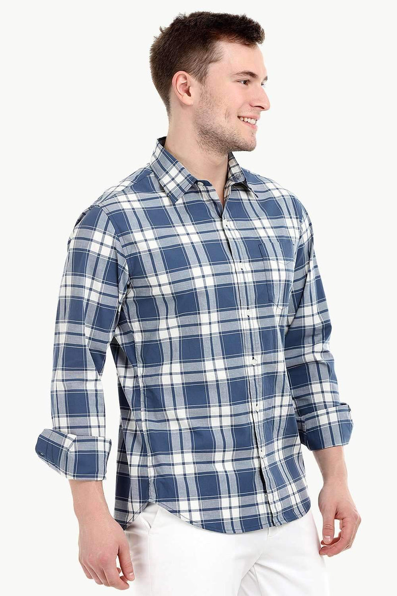 Men's Long Sleeve Windowpane Navy Check Shirt