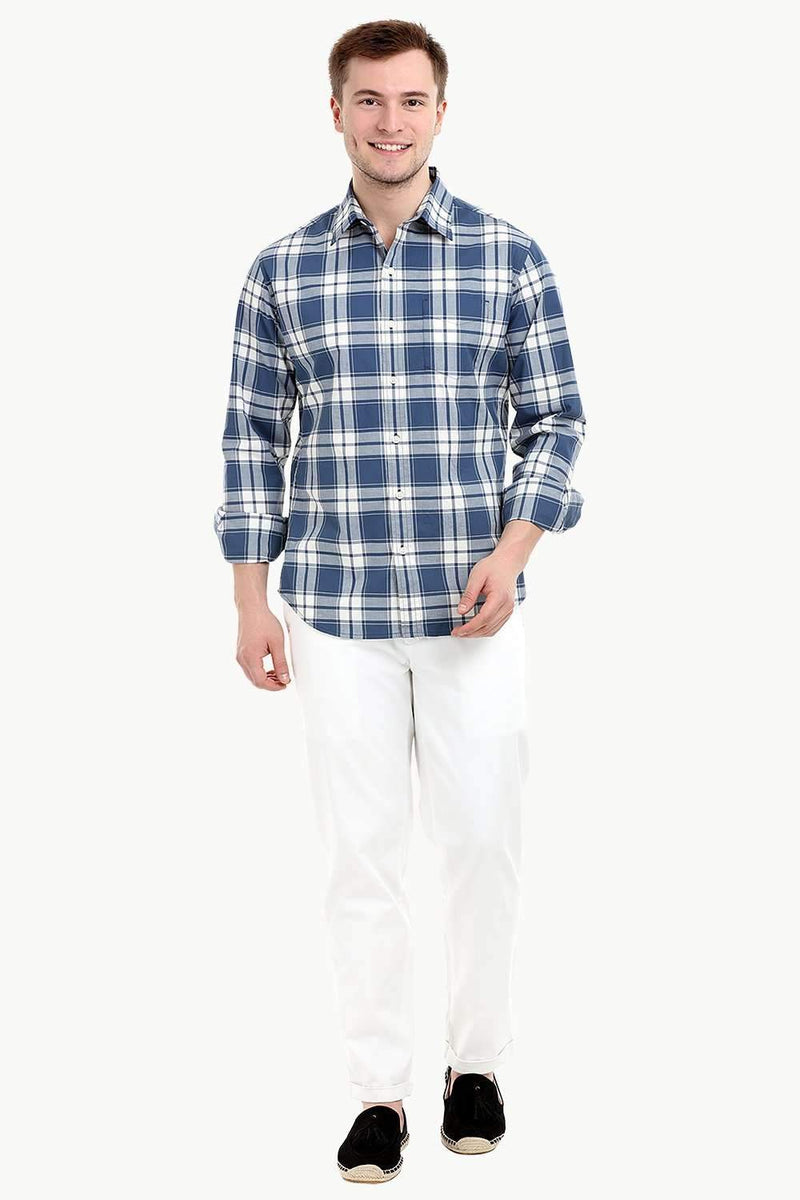 Men's Long Sleeve Windowpane Navy Check Shirt