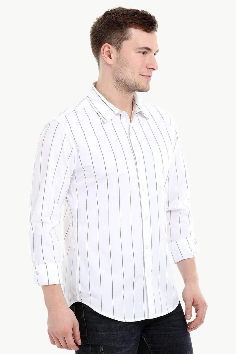 Men's Long Sleeve White Stripe Print Shirt