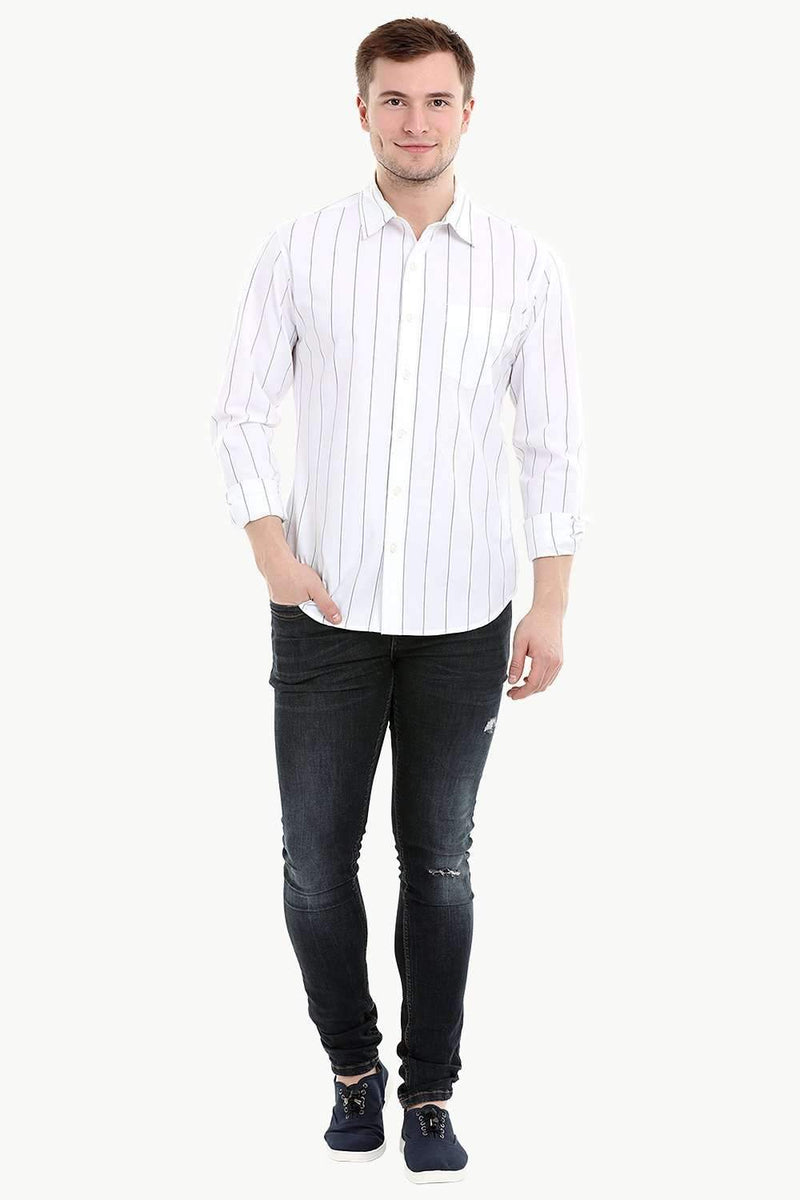 Men's Long Sleeve White Stripe Print Shirt
