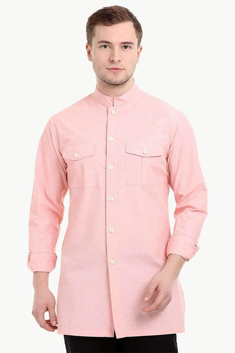Men's Nehru Collar Short Linen Baby Pink Kurta