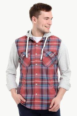 Men's Knit Sleeves Hooded Tartan Shirt
