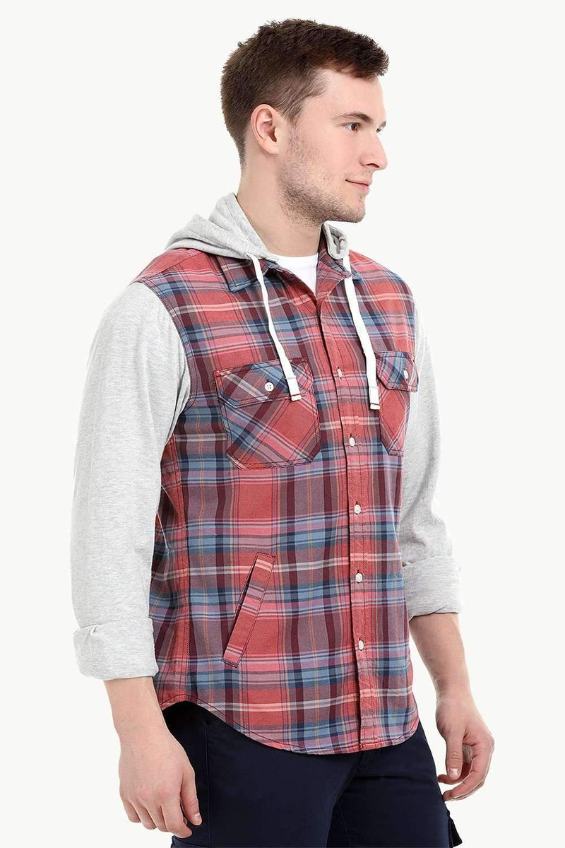 Men's Knit Sleeves Hooded Tartan Shirt
