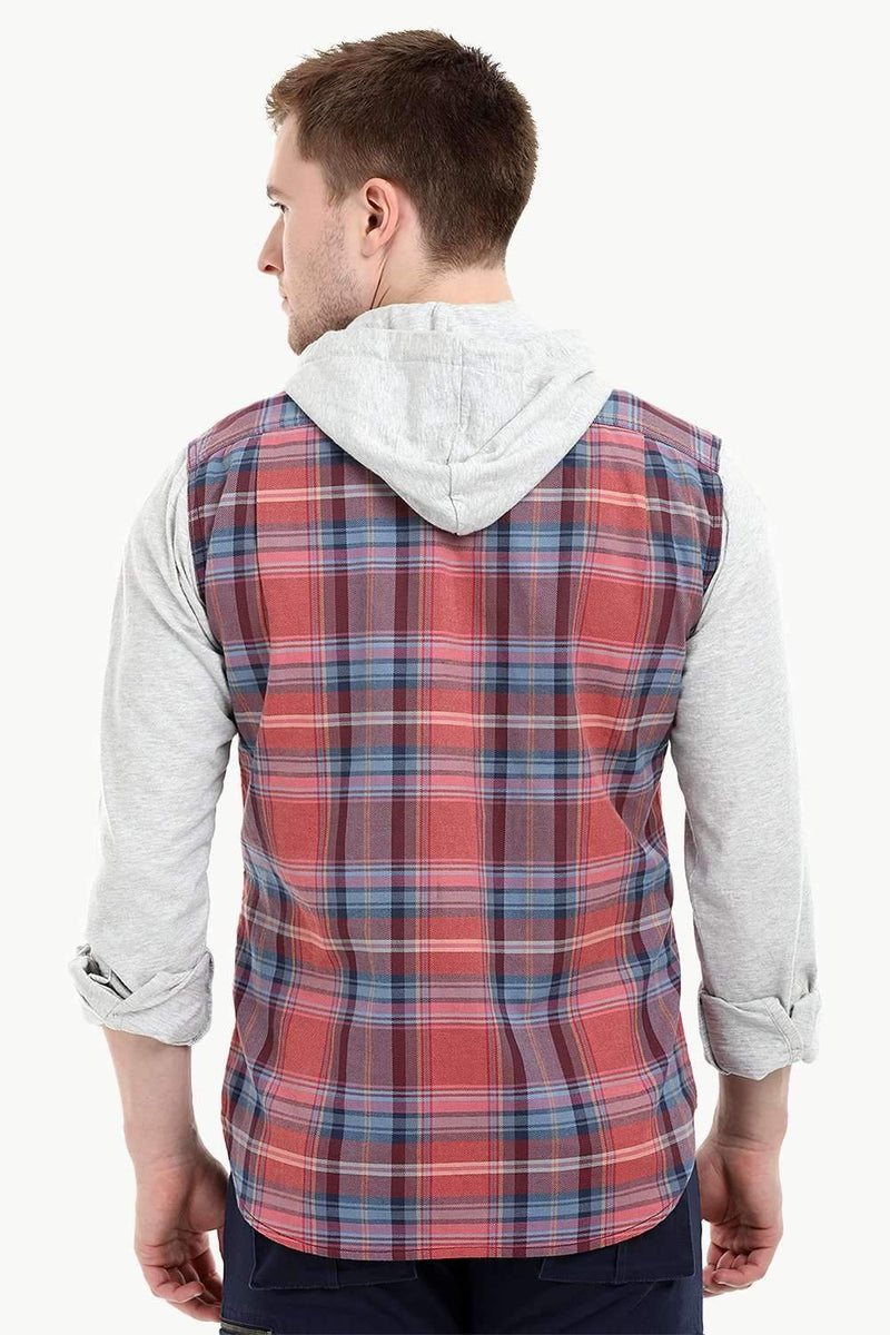 Men's Knit Sleeves Hooded Tartan Shirt