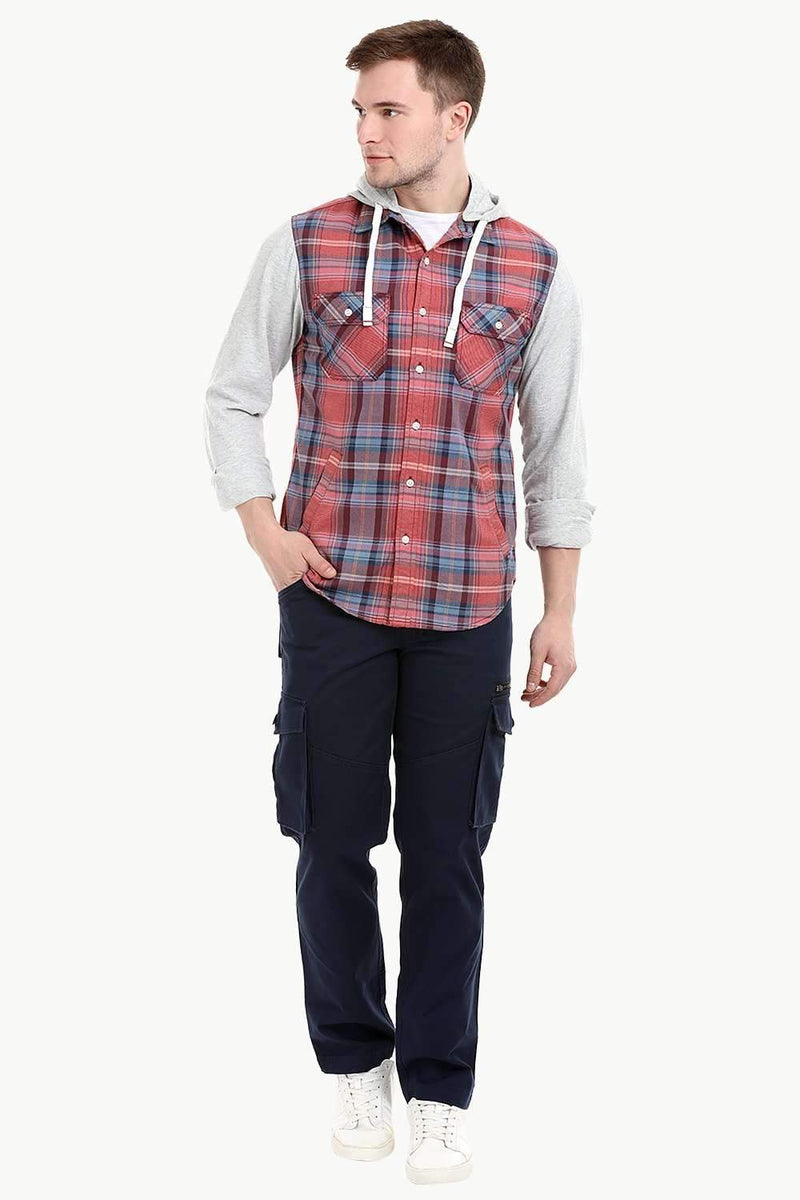 Men's Knit Sleeves Hooded Tartan Shirt
