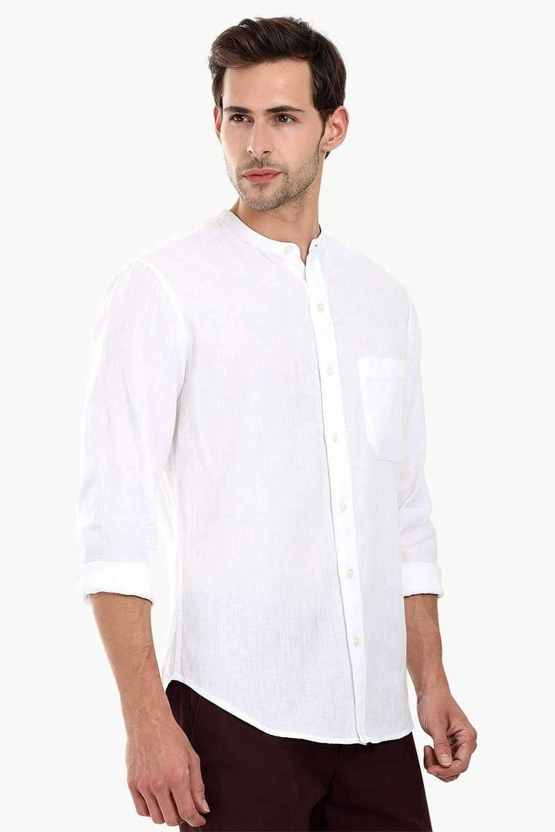Mandarin Collar White Linen Shirt