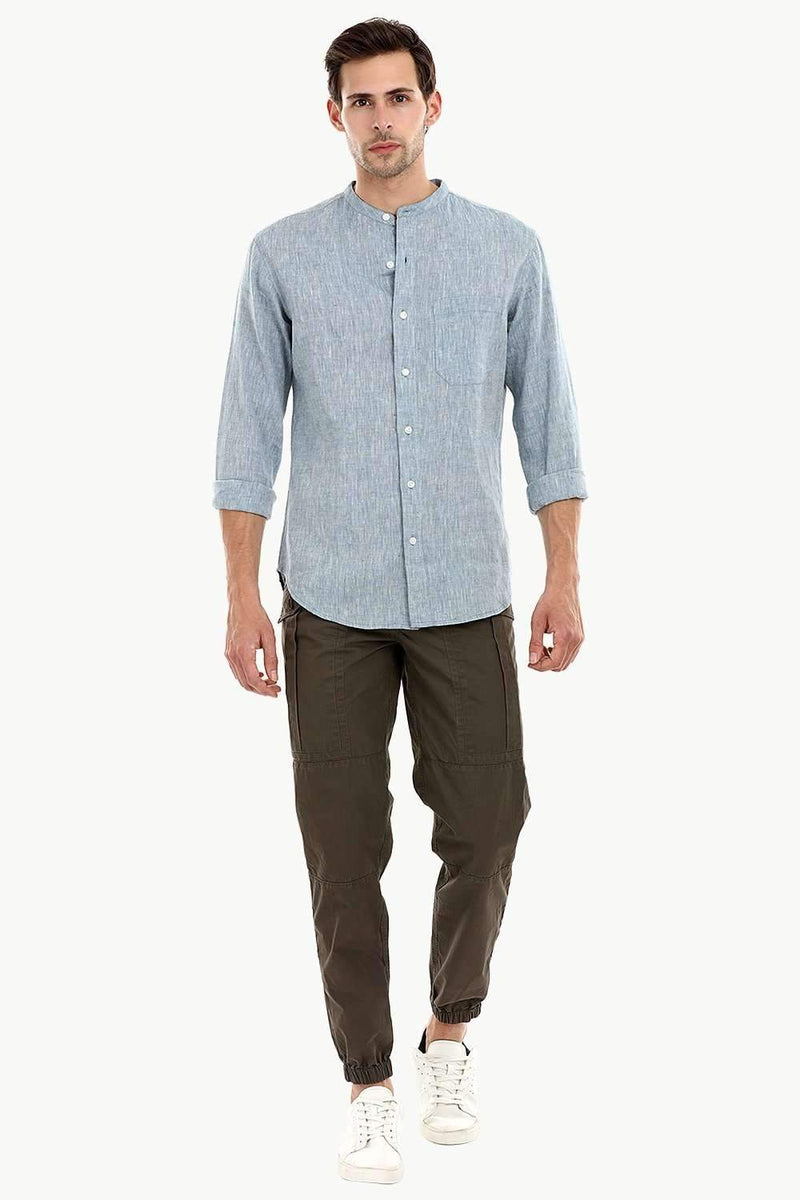 Mandarin Collar Indigo Linen Shirt