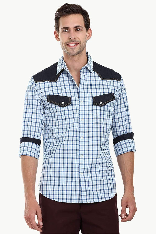 Casual Denim Twin Pocket Check Shirt