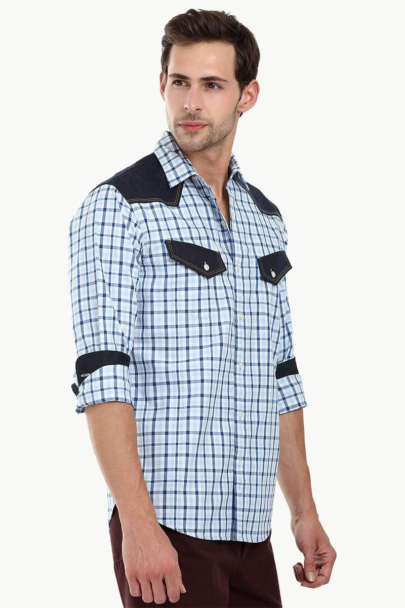 Casual Denim Twin Pocket Check Shirt