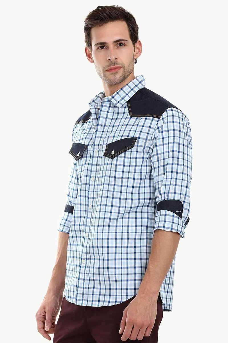 Casual Denim Twin Pocket Check Shirt