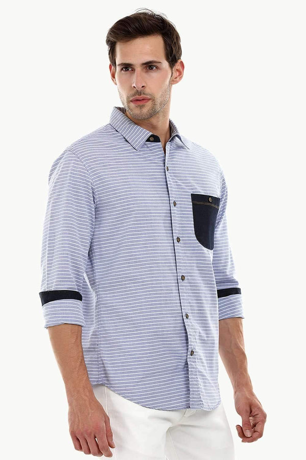 Men's Casual Denim Patched Stripe Shirt