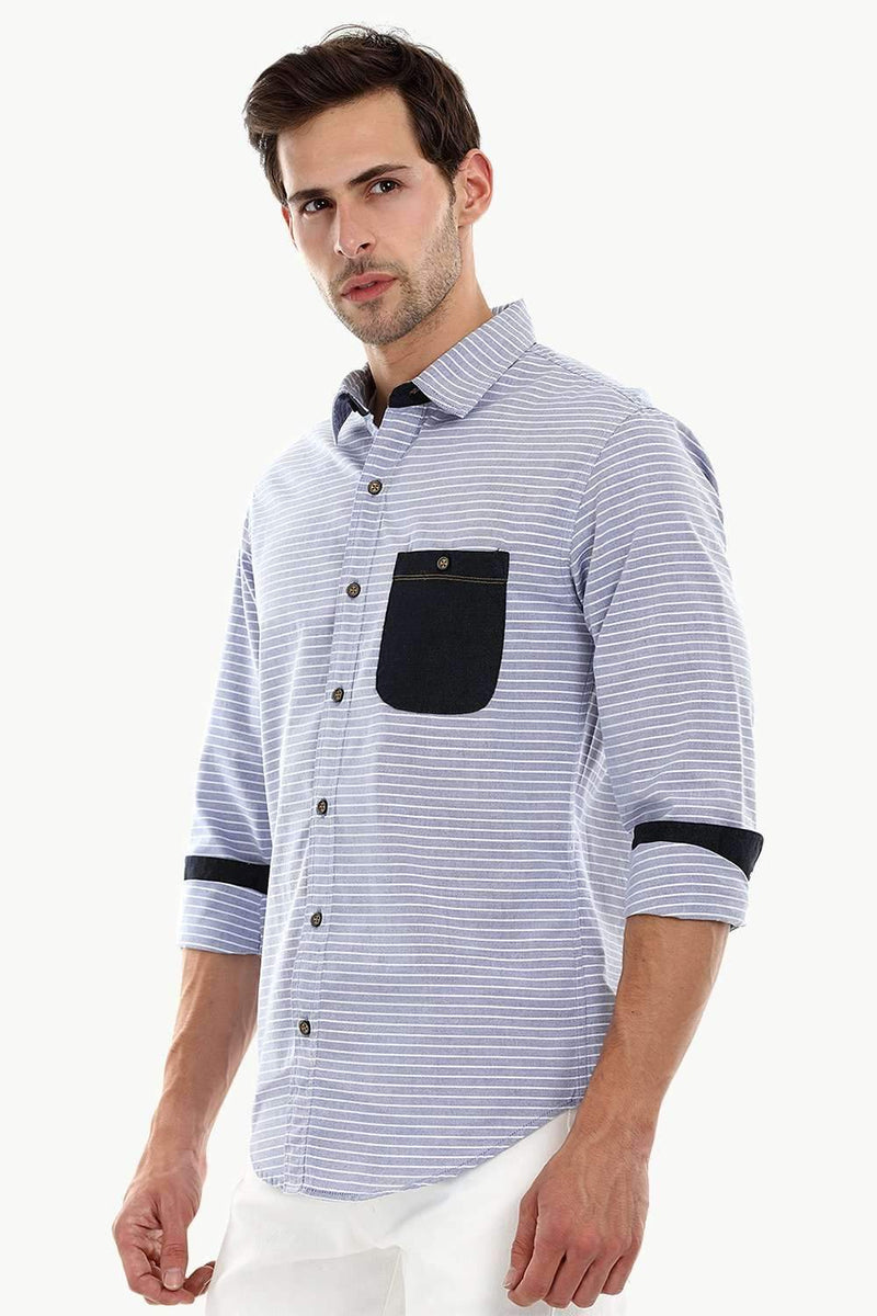 Men's Casual Denim Patched Stripe Shirt