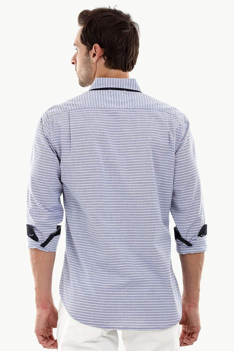 Men's Casual Denim Patched Stripe Shirt