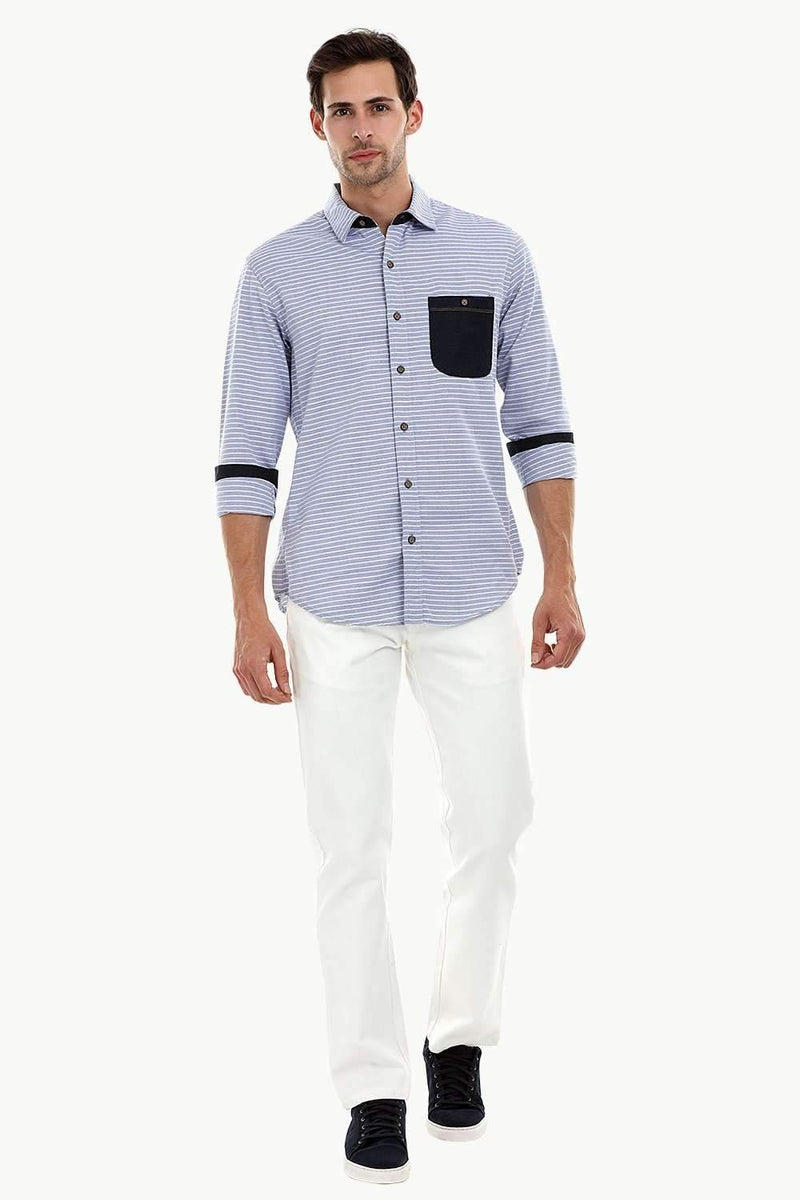Men's Casual Denim Patched Stripe Shirt