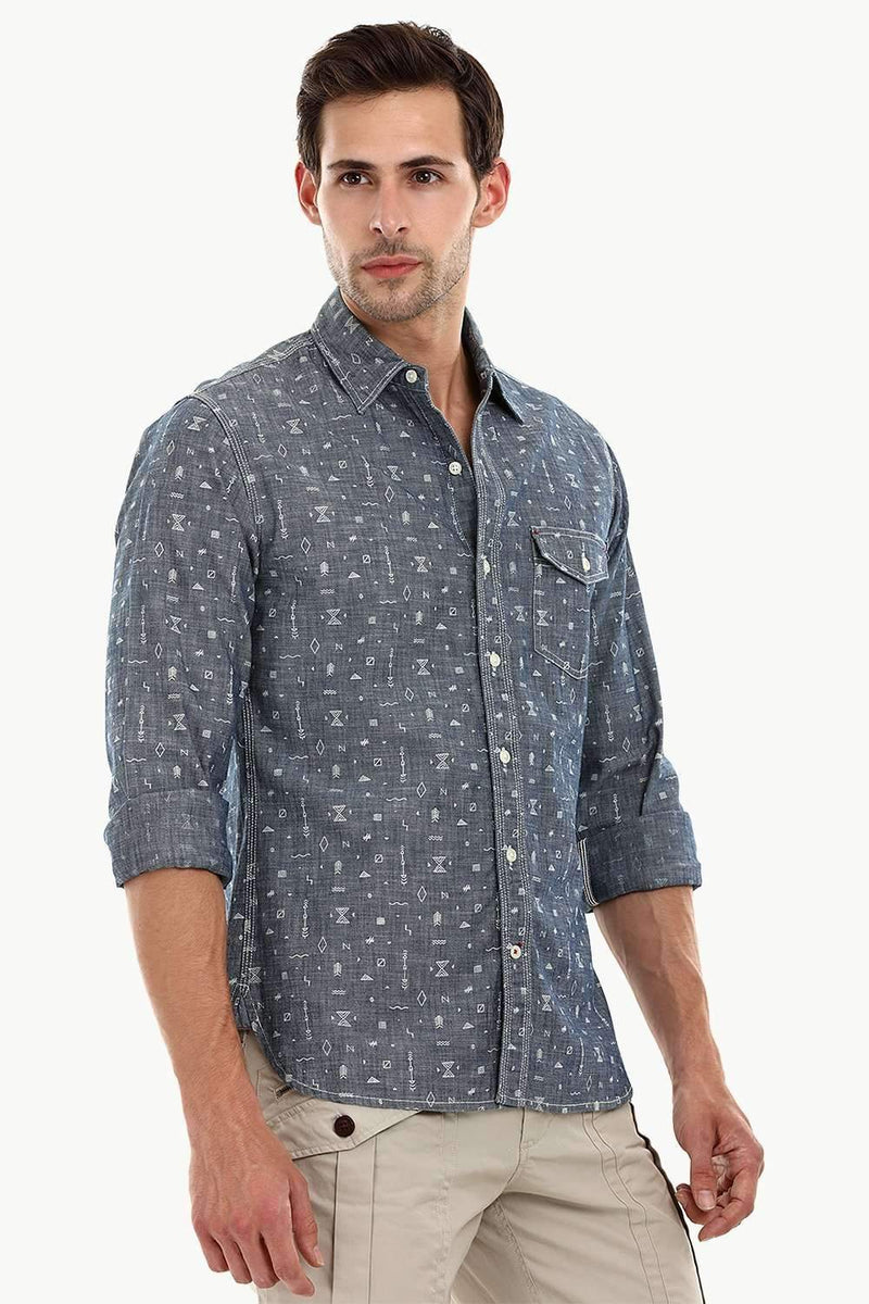 Men's Tribal Printed Denim Shirt