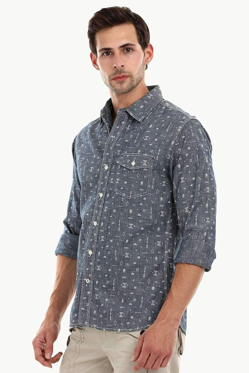 Men's Tribal Printed Denim Shirt