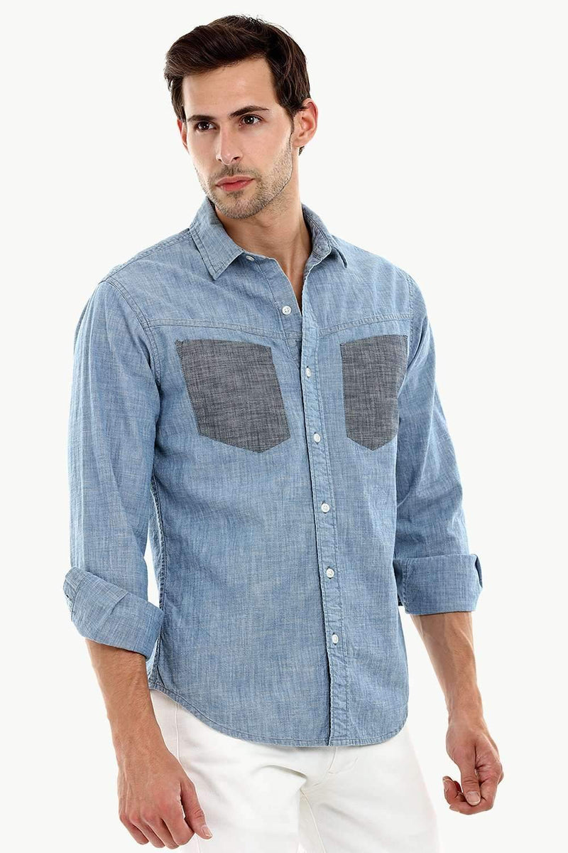 Men's Contrast Pockets Casual Denim Shirt