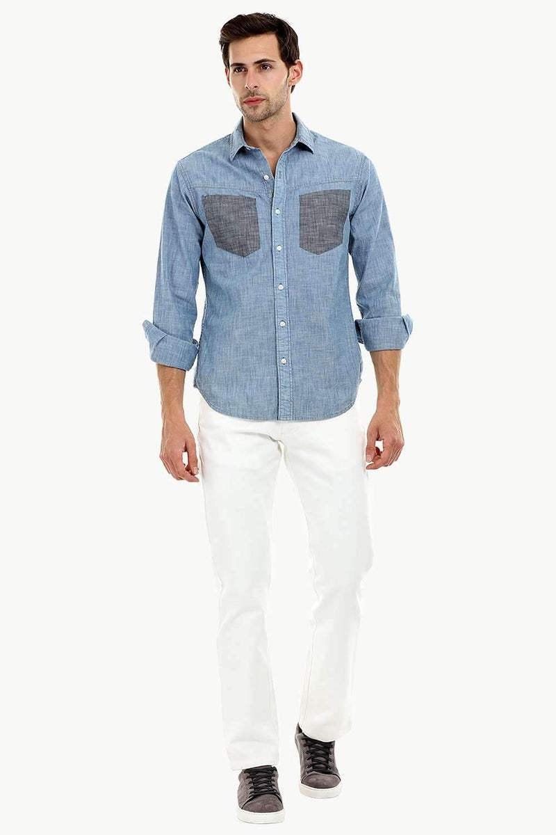 Men's Contrast Pockets Casual Denim Shirt