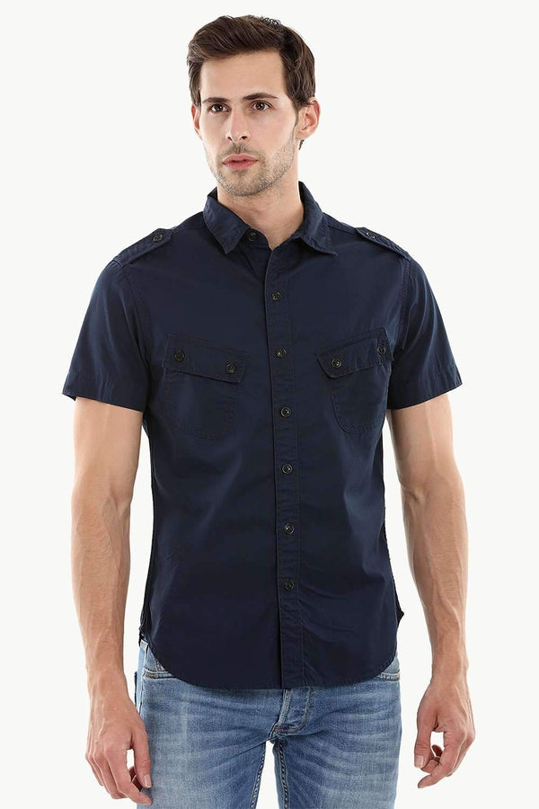 Military Style Twill Shirt With Epaulets