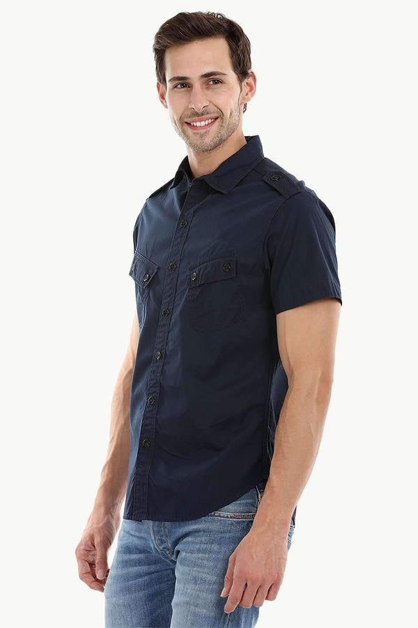 Military Style Twill Shirt With Epaulets