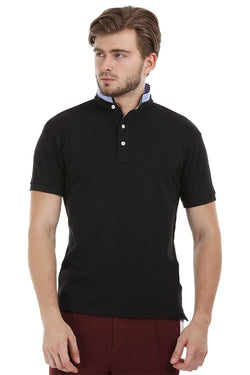 Mandarin Collar Black Polo T-Shirt