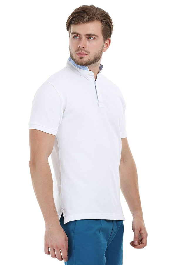 Mandarin Collar White Polo T-Shirt