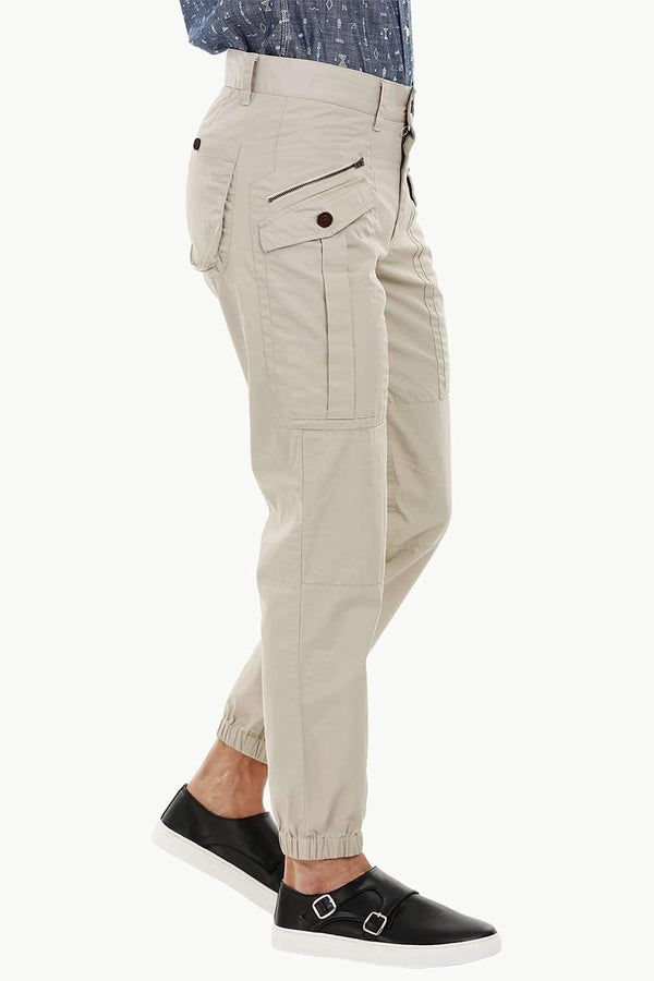 Mens Beige Cuff Jogger Cargo Pants