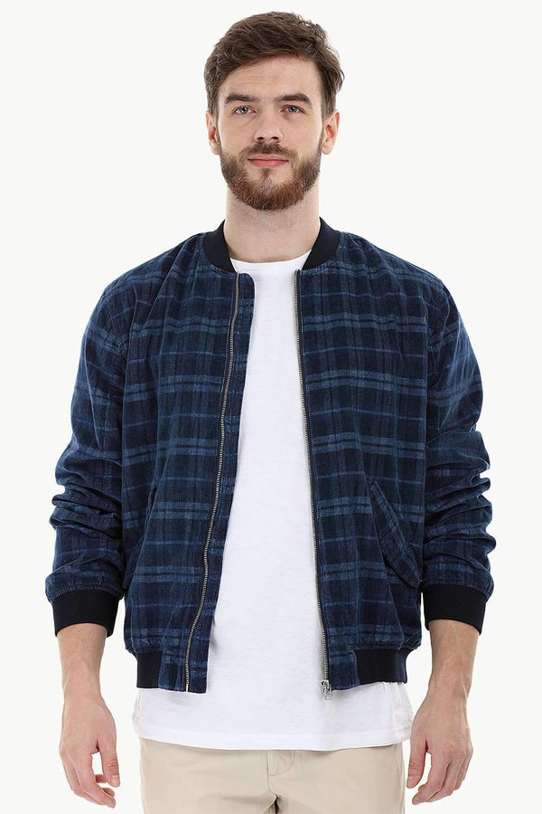 Corduroy Navy Check Bomber Jacket