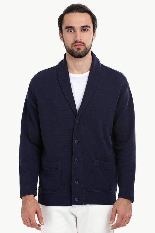 Waffle Navy Shawl Collar Cardigan