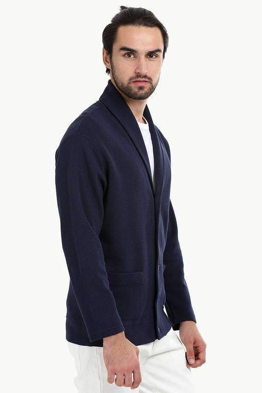 Waffle Navy Shawl Collar Cardigan