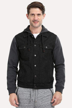 Knit Sleeves Denim Hooded Jacket