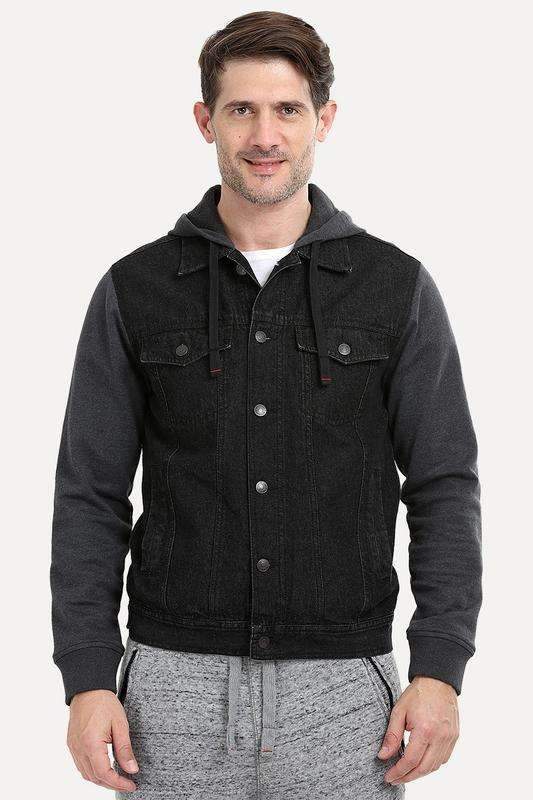 Knit Sleeves Denim Hooded Jacket