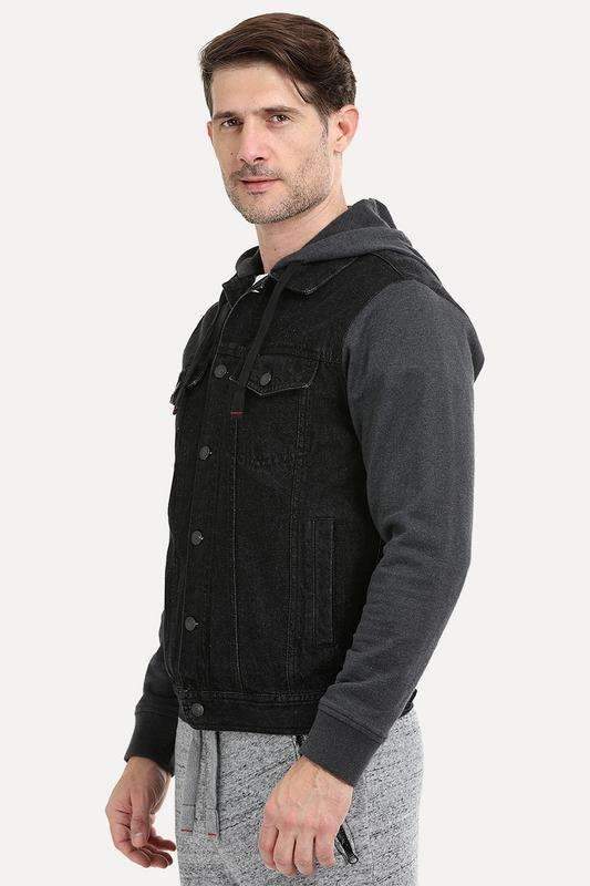 Knit Sleeves Denim Hooded Jacket