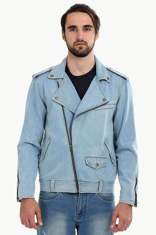 BOSS - Biker-style jacket in mid-blue broken-twill denim