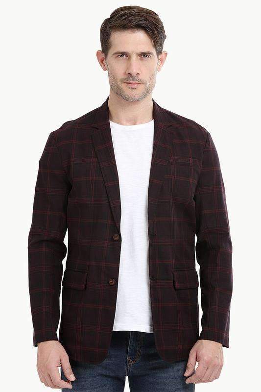 Maroon Tartan Plaid Casual Blazer