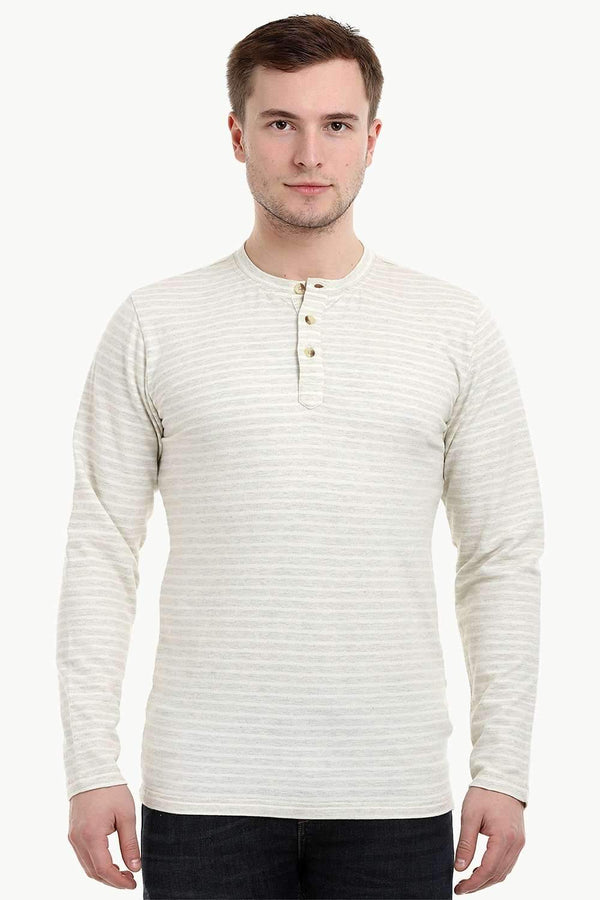 Men's Knit Beige Stripe Henley Sweatshirt