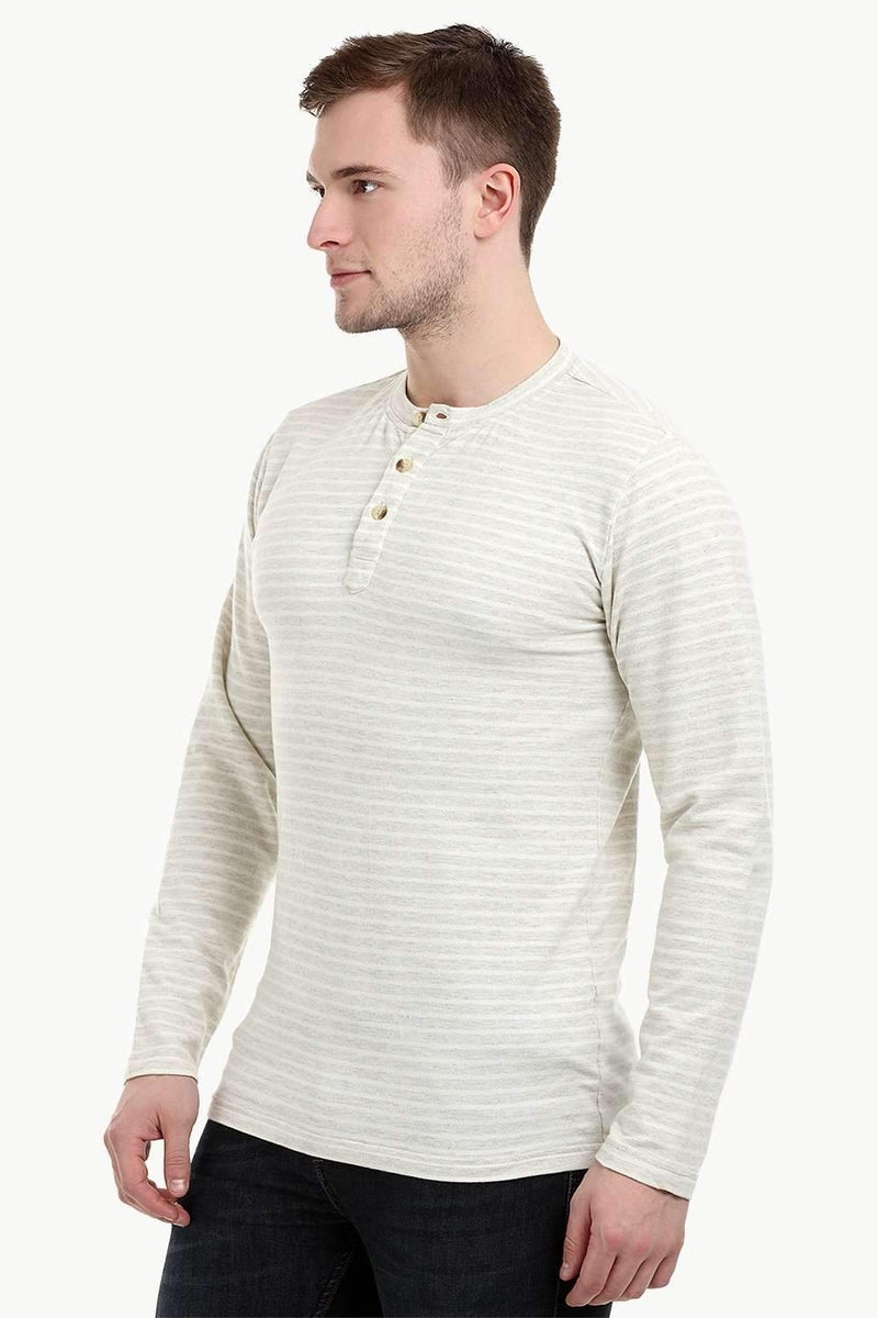 Men's Knit Beige Stripe Henley Sweatshirt