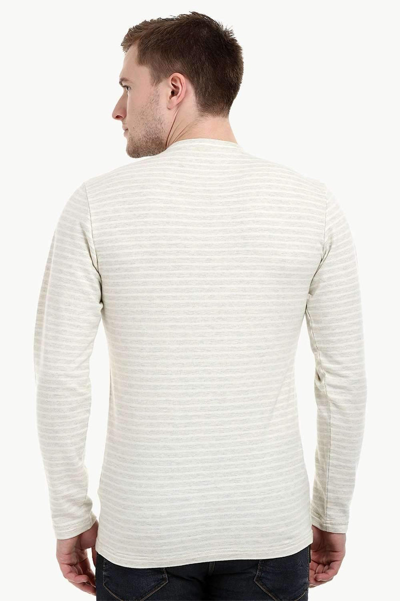 Men's Knit Beige Stripe Henley Sweatshirt