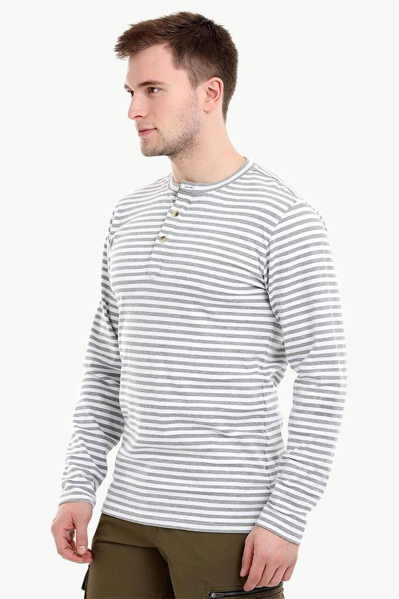 Men's Knit White/Grey Stripe Henley Sweatshirt