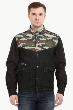 Men's Camo Print Cut-N-Sew Black Denim Jacket