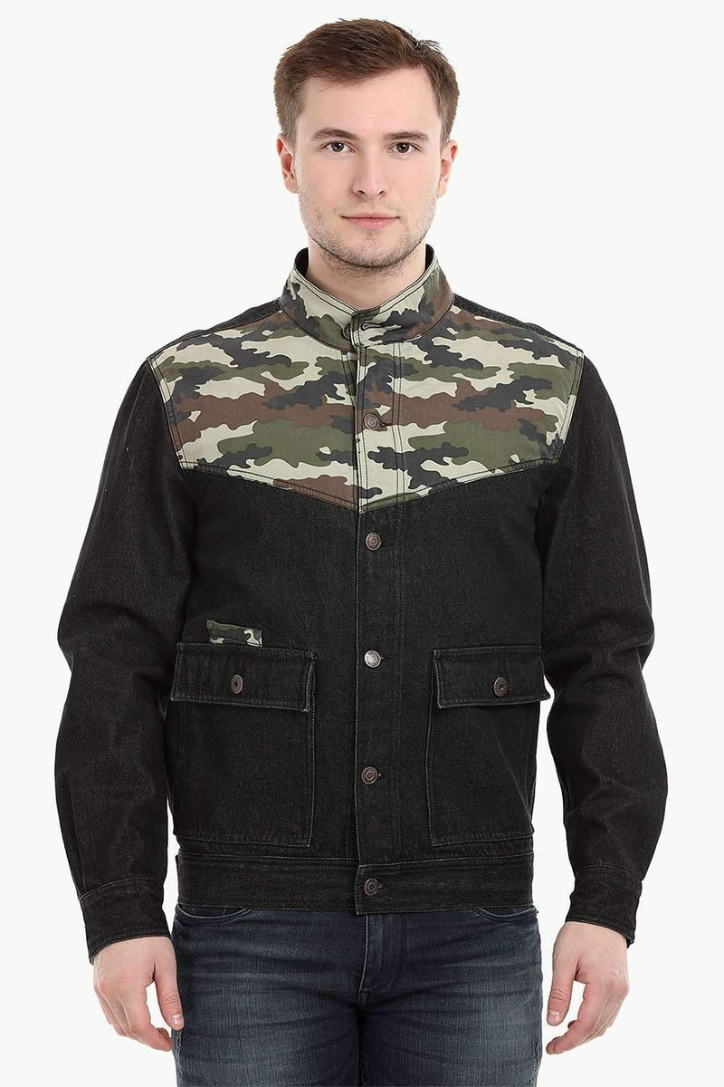 Men's Camo Print Cut-N-Sew Black Denim Jacket