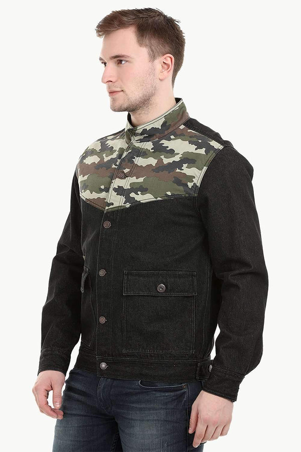 Men's Camo Print Cut-N-Sew Black Denim Jacket