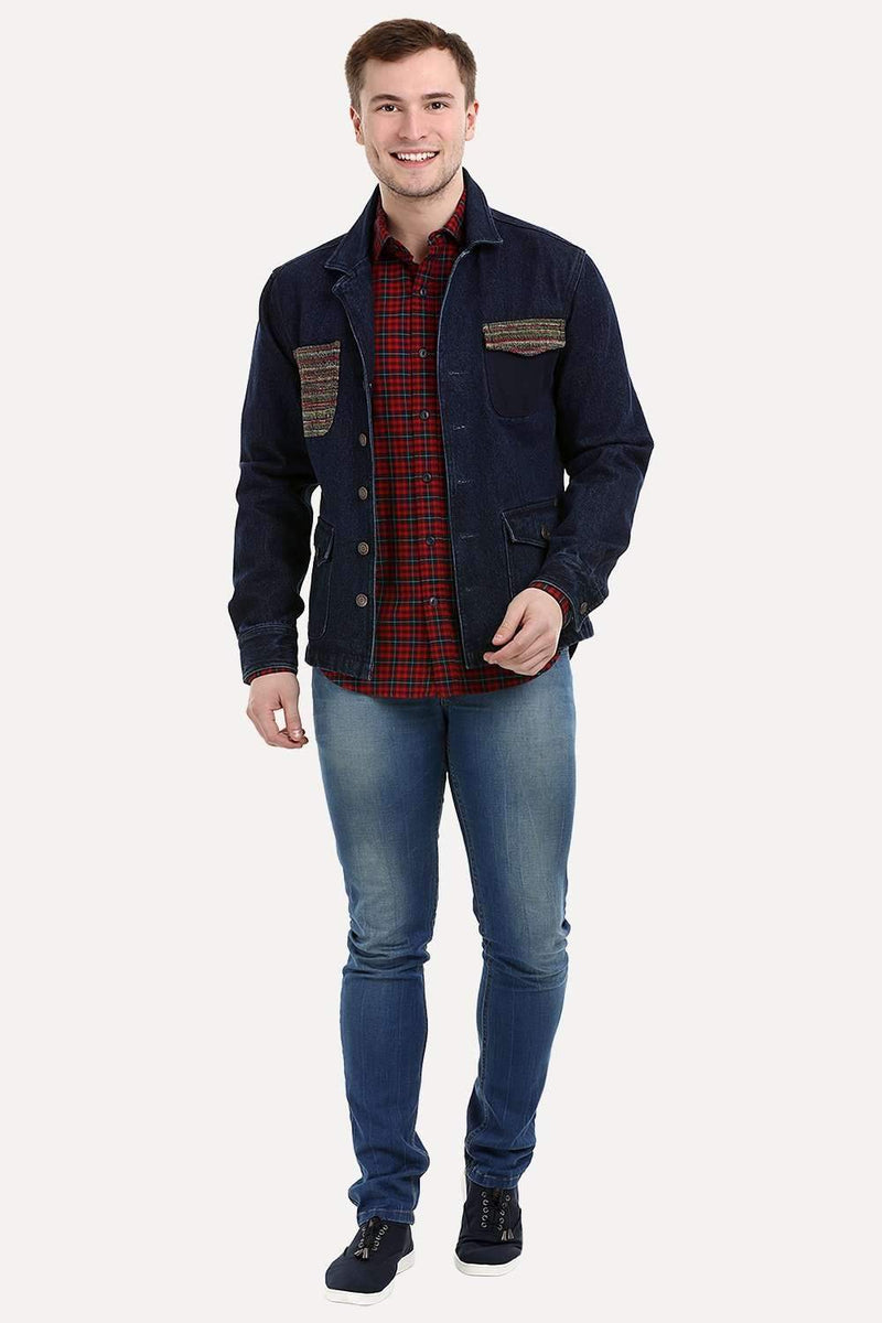 Men's Dark Wash Navy Denim Lapel Jacket