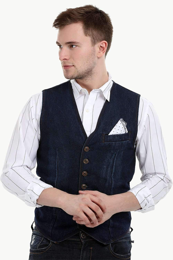 Men's Sleeveless Denim Buttoned Navy Waistcoat