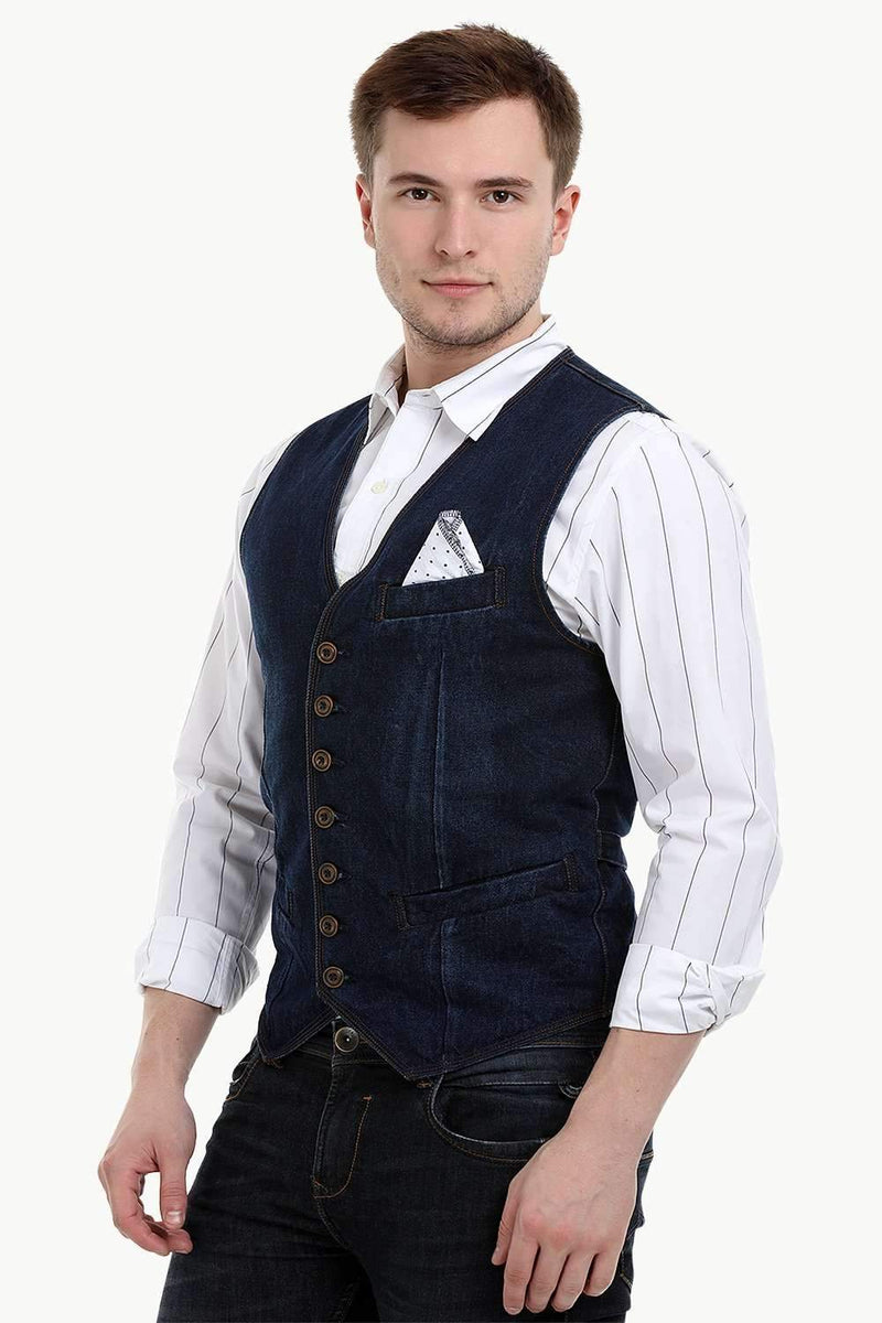 Men's Sleeveless Denim Buttoned Navy Waistcoat